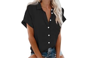 DAZLOR Short Sleeve Button Up Shirts for Women Loose V Neck Collared Casual Work Blouses Plain Basic Summer Beach Tops Pocket