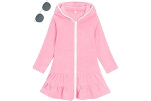 LUCKYGAL Girls Swim Cover Up Kids Long Sleeve Swimsuit Coverup Terry Beach Pool Clothes with Sunglasses