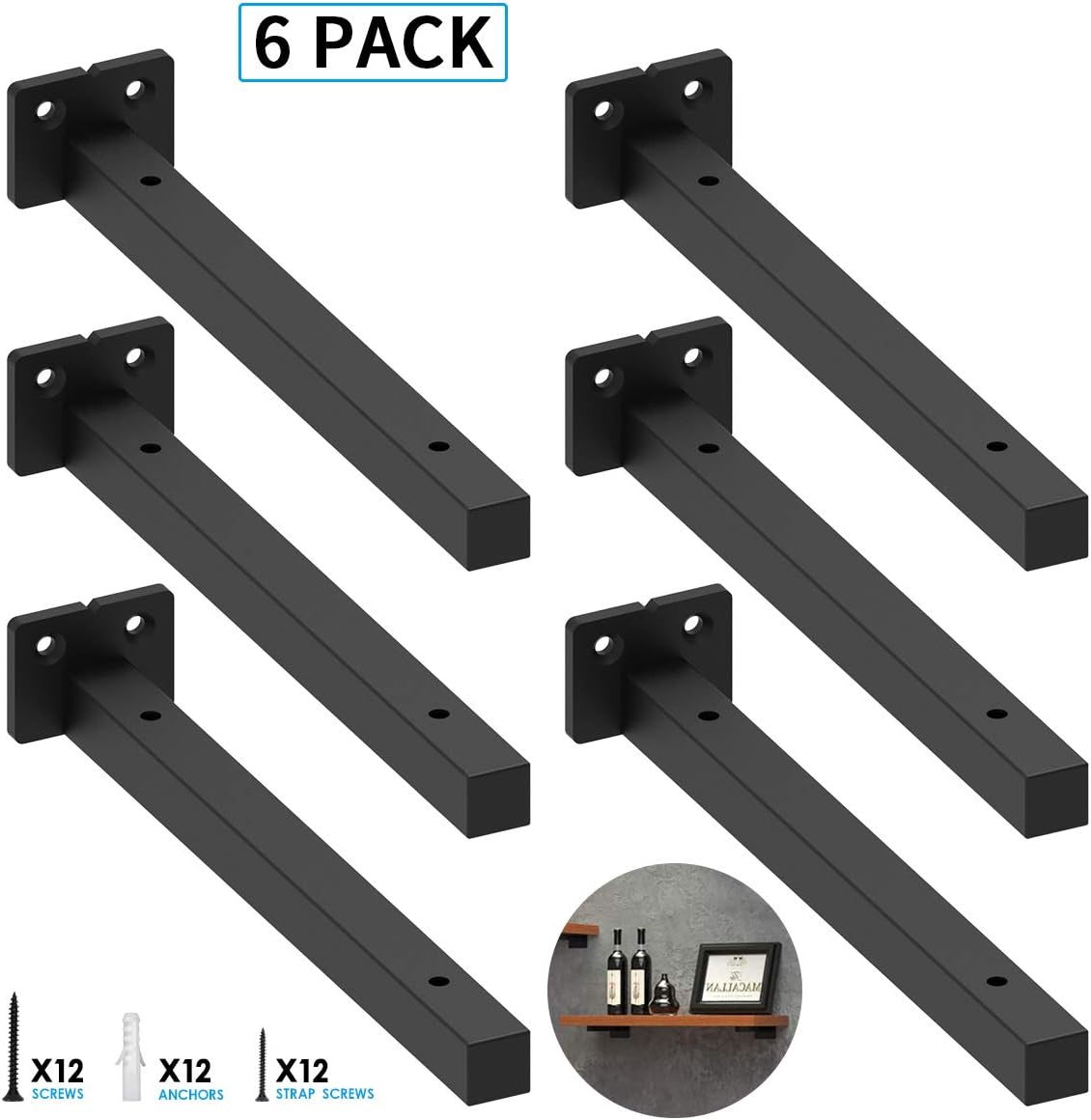Classic Shelf Bracket 6 inch Anti-Rust Solid Matte Black Well-Made Hidden Shelf Brackets Wrought Iron Style Wall Mental Brace for DIY (6-Pack Hardware Only): Home Improvement
