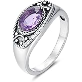 Plesitep Natural Amethyst Vintage Rings for Women S925 Sterling Silver Retro Style Oval Gemstone Birthstone Statement Ring Jewelry for Mom Girlfriend Her in Size