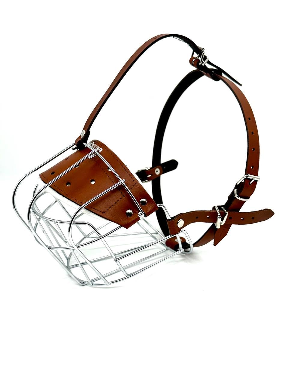 STRONG Wire Metal muzzle Basket Dog Muzzle Rottweiler,Mastiff Golden Retriever & other (R3, Silver/Brown Leather)