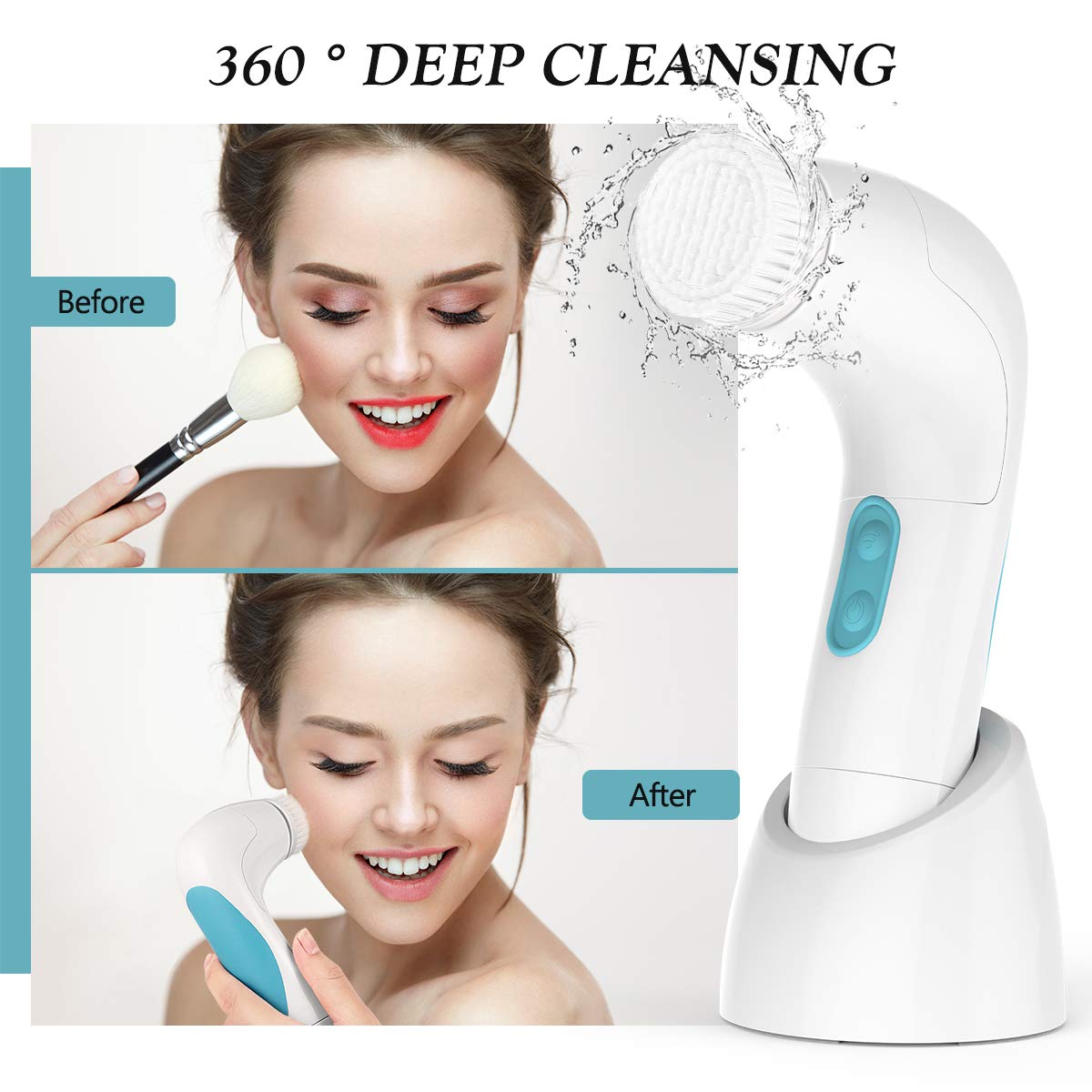 【New Version】ETEREAUTY Facial Brush Waterproof Body Facial Cleansing Brush Spin Brush for Deep Cleansing, Gentle Exfoliating and Removing Blackhead with 5 Brush Heads: Beauty
