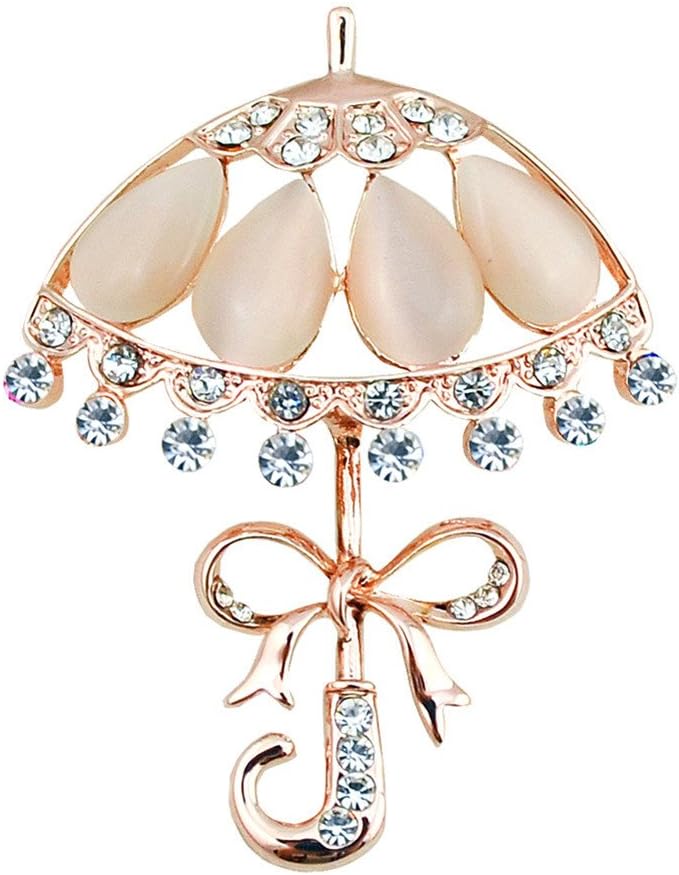 Joielavie Umbrella Brooch Pin with Butterfly Bow - Shimmering Rhinestone and Rose Gold Plated Alloy - Costume Jewellery, Ingenious Gift for Birthdays and Parties - For Women/Girls – White