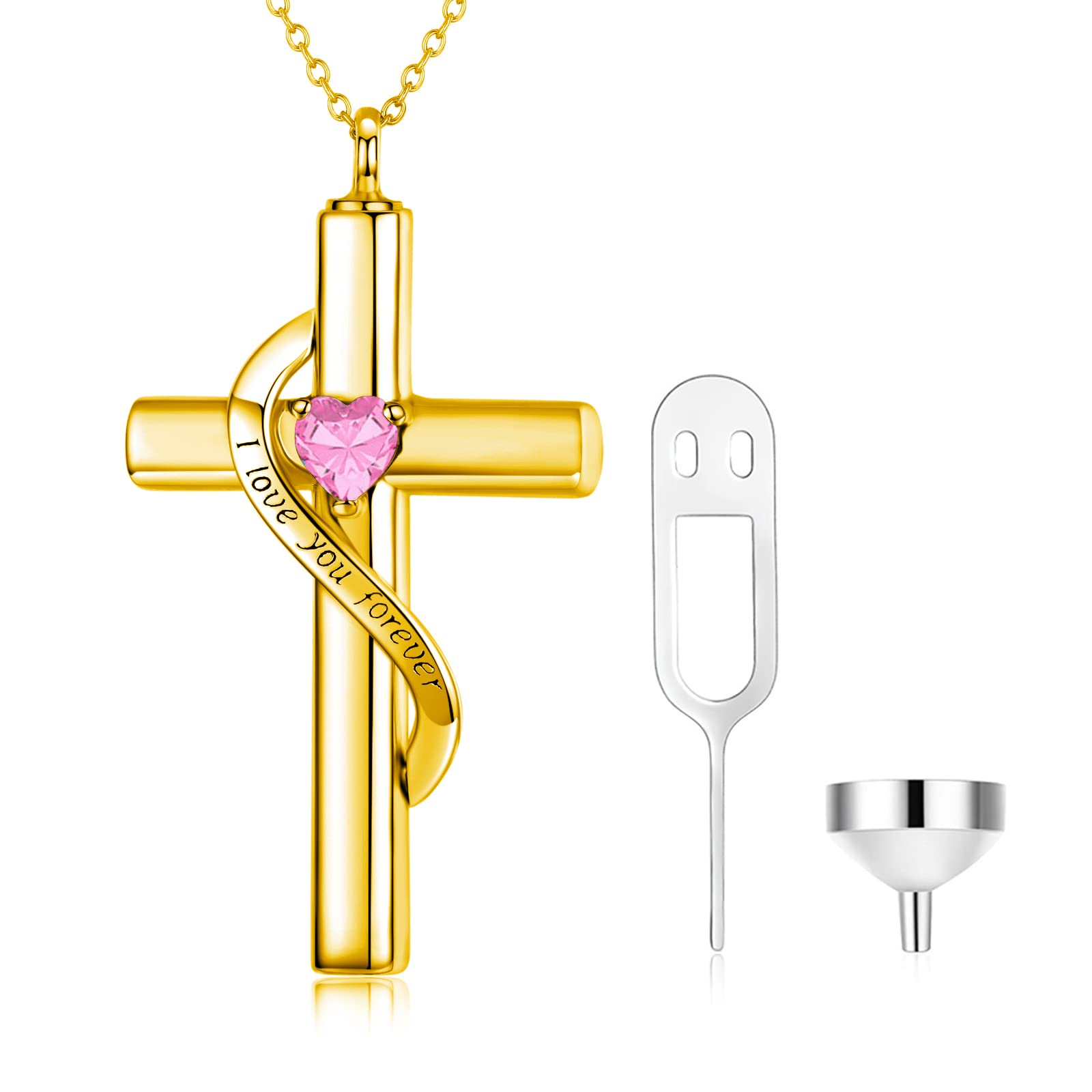 SOULMEET Crystal Cross Necklace for Ashes, Gold Plated Silver I Love You Forever Birthstone October Cross Urn Necklaces for Ashes Keepsake Cremation Jewelry for Pet Human Ashes