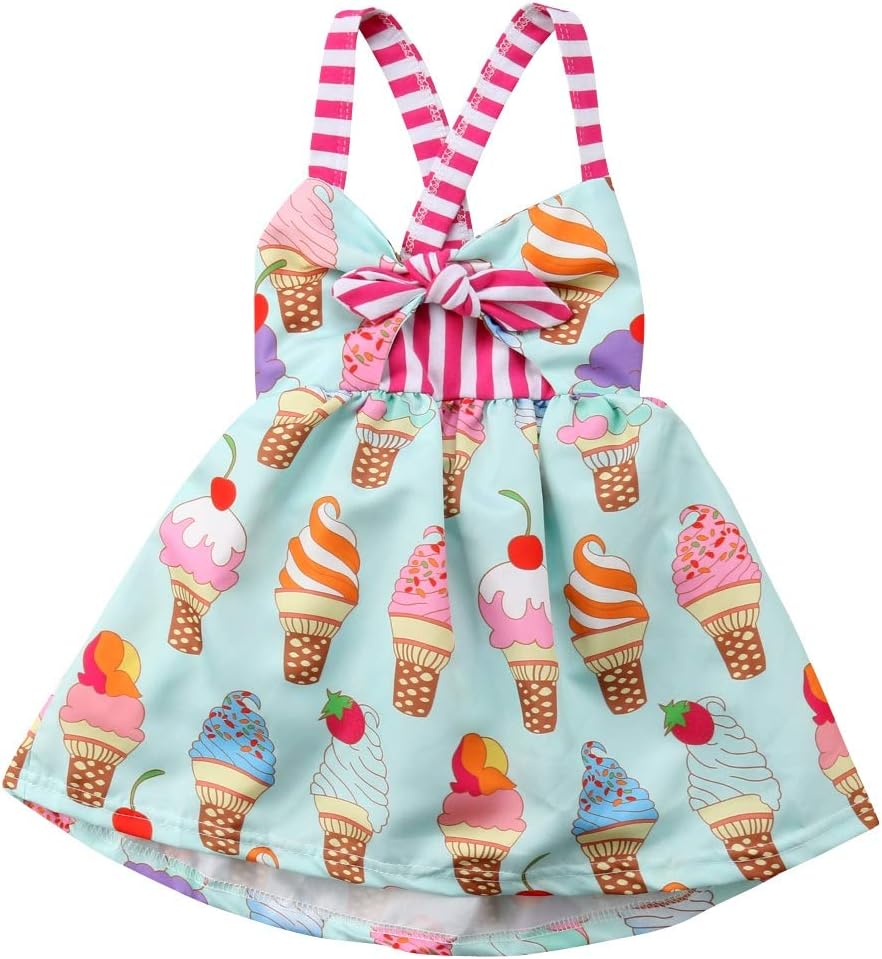 Toddler Kids Baby Girl Halter Sleeveless Bodysuit Ice Cream Print Flared Dress Summer Clothes Outfit Sets
