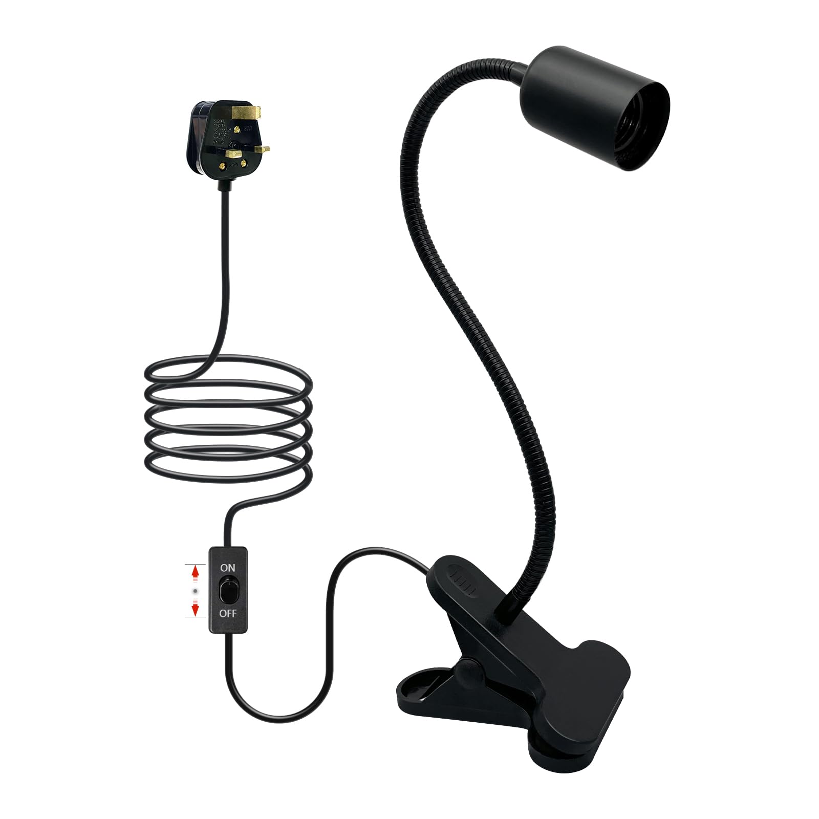 LQUNFYL Clip on Light Bulb Holder with 240CM Cable, 10MM Thick Adjustable Gooseneck, E27 Lamp Holder with Switch, Clip on Lamp for Bed, Flexible Clamp Lamp, Clip Light for Desk Reading, Black