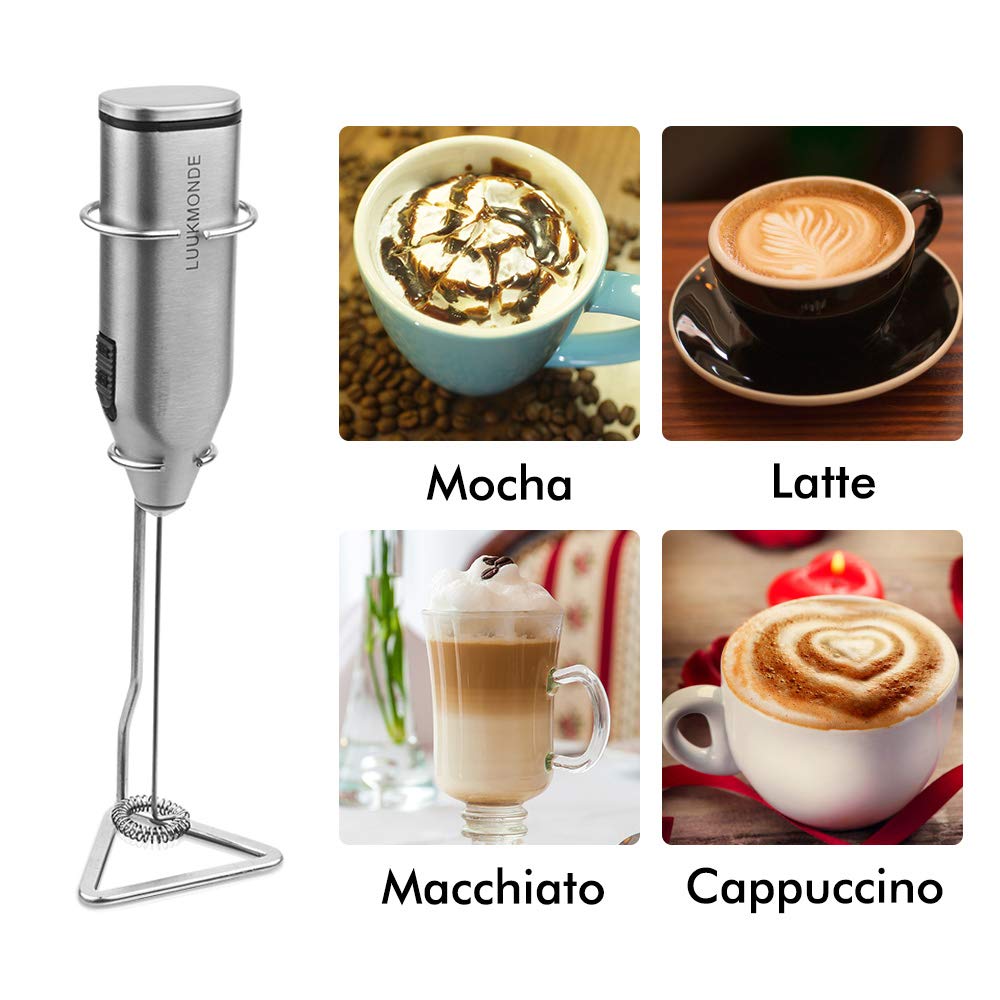 Luukmonde, 2 fruste in acciaio inox, a batteria, con supporto automatico per schiuma, ideale per latte macchiato, cappuccino, cioccolata calda (argento)