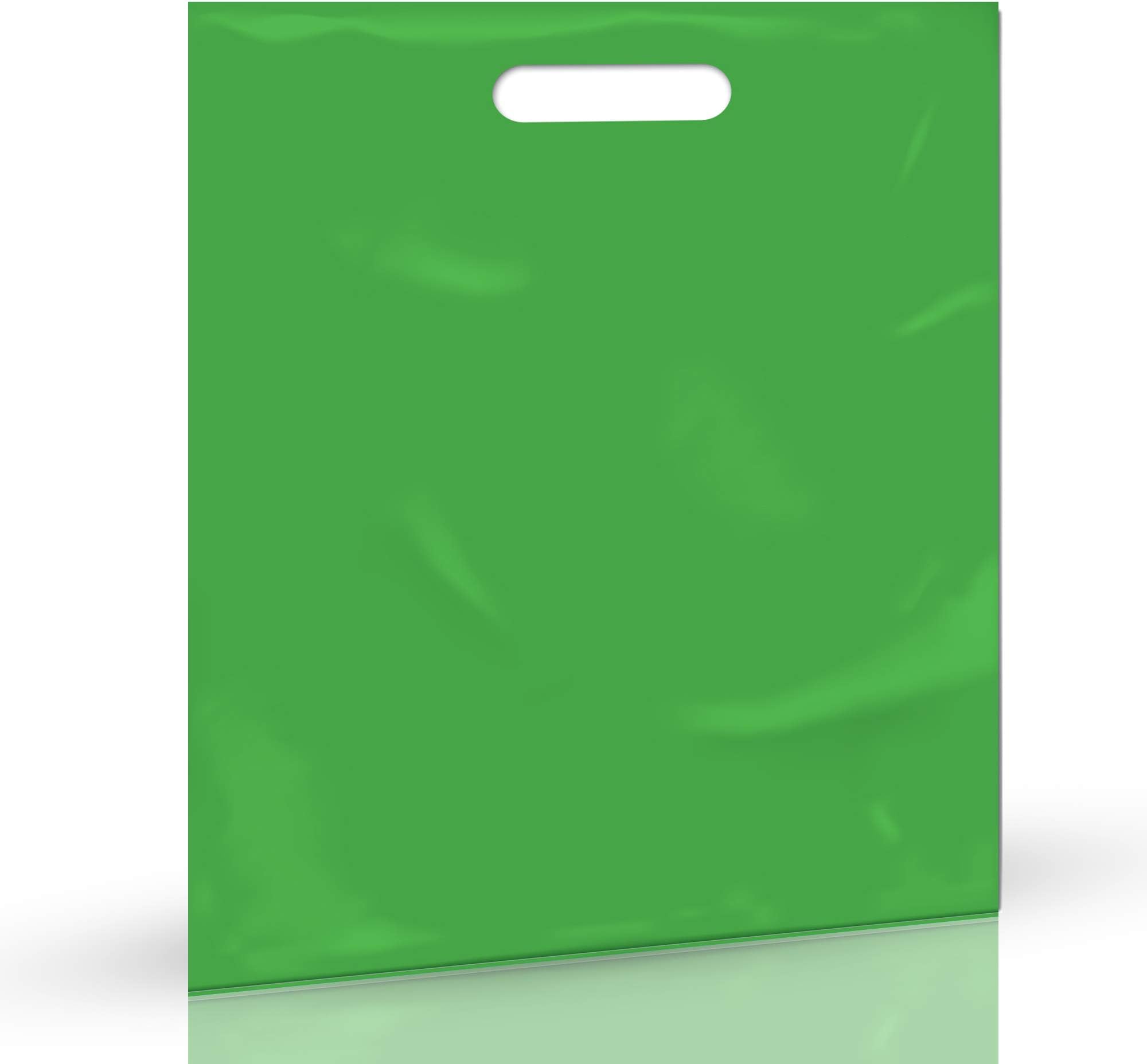 Green Merchandise Plastic Glossy Retail Bags 100 Pack 12" x 15" with 1.25 mil Thick - Die Cut Handles - Perfect for Shopping, Party Favors, Birthdays, Parties - Color Green - 100% Recyclable
