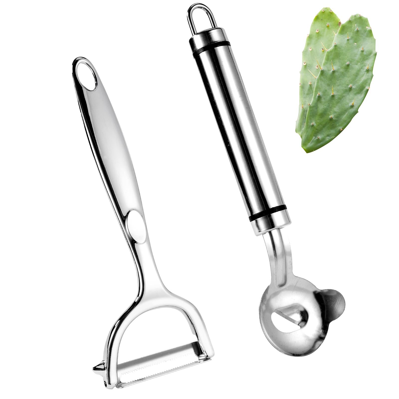 Photo 1 of 2 Pcs Cactus Peeler Tools, Stainless Steel Cactus Paring Knife and Peeler Spoon Long Handle Slicing Noodle Cutter with Hole for Cactus Kitchen Cooking Noodles