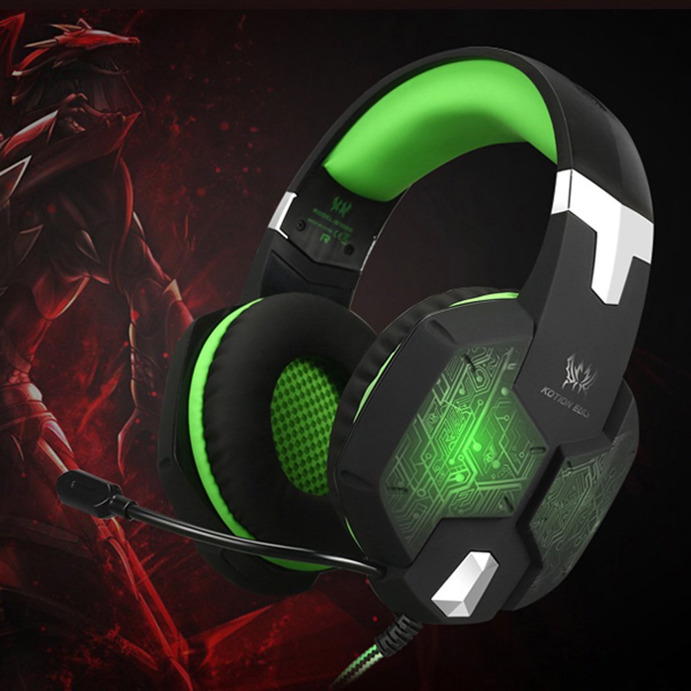 KOTION EACH Auriculares para jueguos con Microfono G1000 Profesional para Videojuegos PC, MAC y M¨®vil Gaming Bass Stereo Headset Auriculares Diadema con Luz LED de Respiración para Ordenador Portatil con Luz LED(Negro+Verde)