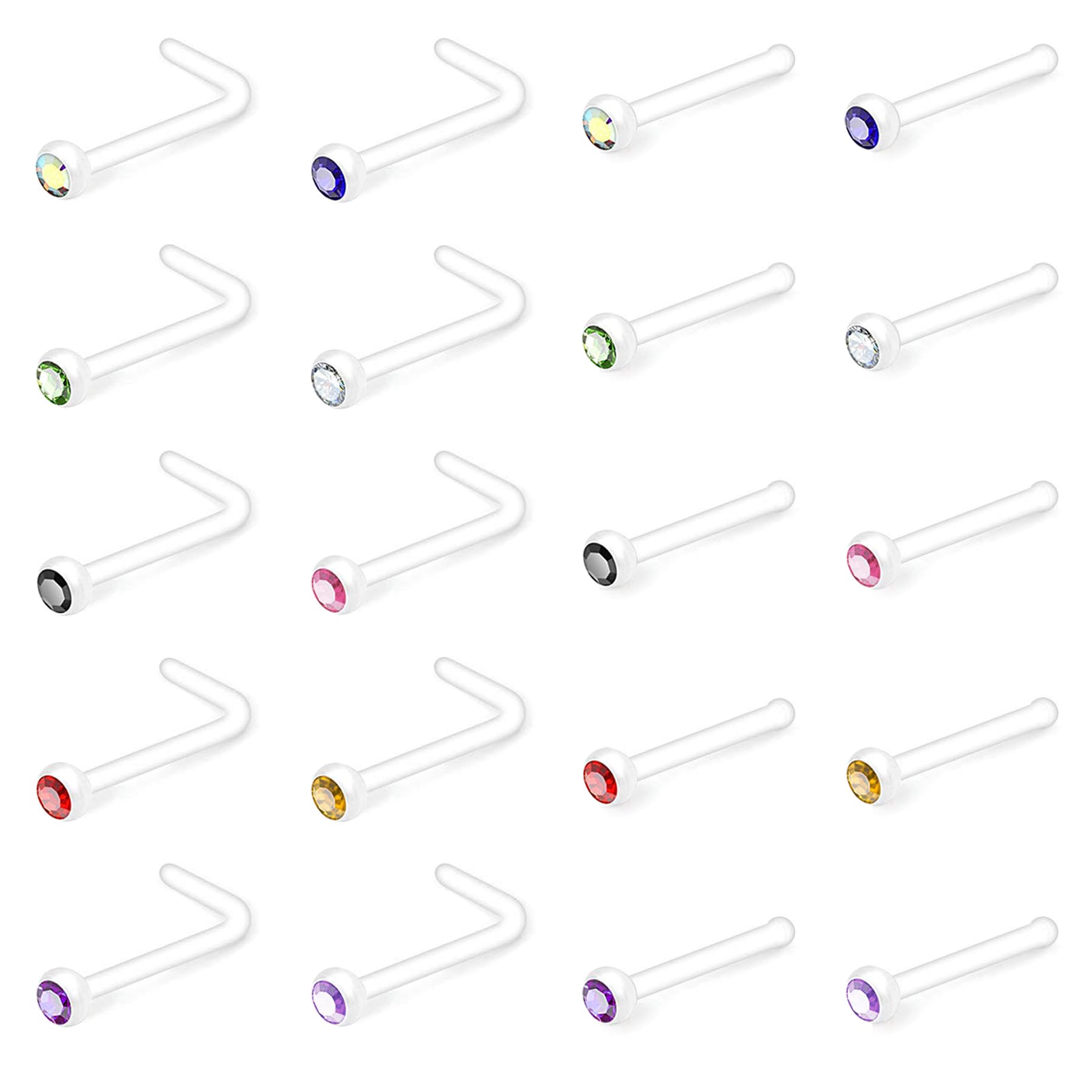 Crdifu 20pcs Nose Ring Stud Retainers Screw L Shape Nose Bone Flexible Bioflex Plastik 20G with Crystal Piercing