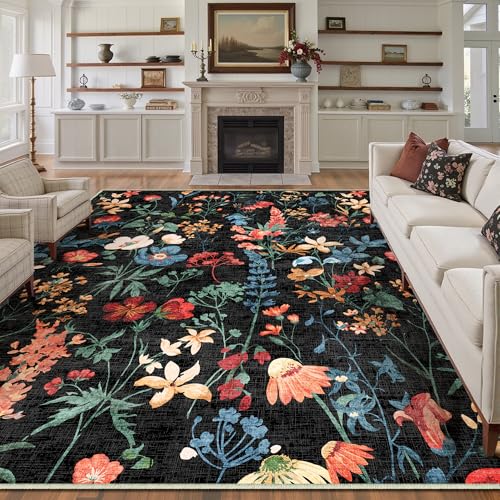 HUGEAR Schwarz Waschbarer Teppich Blumenmuster 200x300cm Blumen Boho Neutral Modern Rugs for Living Room Weich rutschfest Groß Tepich Kurzflor Schlafz