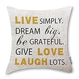 HLPPC ® Decorative Live Simply, Dream Big, Be Greateful and Give Love Laugh Lots Cotton Linen Square Throw Pillow Case Cushion Cover 18 x 18 Inches One Side