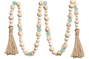 OMISHE Wood Bead Garland with Tassels 52 Inches, Octagonal Handmade Wooden Beads with Green Acrylic Beads, Boho Wooden Beads Home Decor, Farmhouse Beads Garland for Tiered Tray Decor Beach Decor Green
