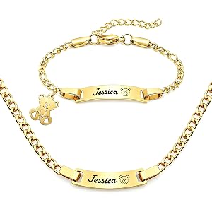 Custom Baby Necklace Bracelets Set with Name for Boys Girls Infant Chain | Personalized Name/Text/Birth Stainless Steel Jewel