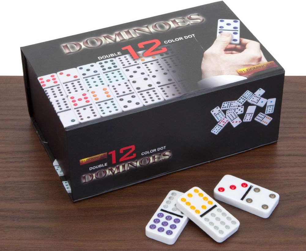 Bits and Pieces - Double 12 Color Dot Dominoes Set - 92 Professional Size Dominoes with Colored Dots - Classic Game Provides Endless Fun