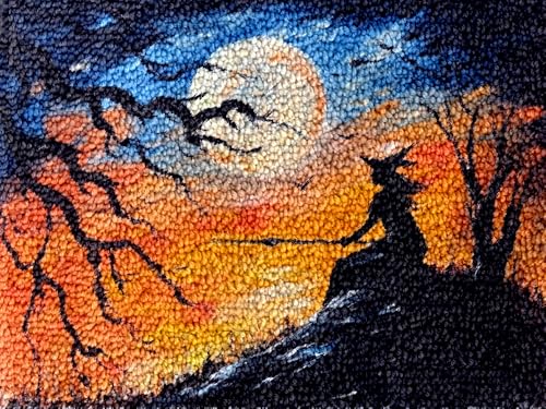 Generic Halloween Witch & Moon Latch Hook Kits Rug DIY Cushion Tapestry Making Crochet Hook Mat Making Kits Color Preprinted Pattern Canvas DIY Carpet Needlework Crochet Kits 52x38cm (G11-29)