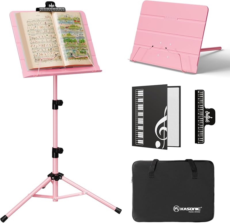 K Kasonic Foldable 2 in 1 Music Stand Pink with Folder Tripod Portable