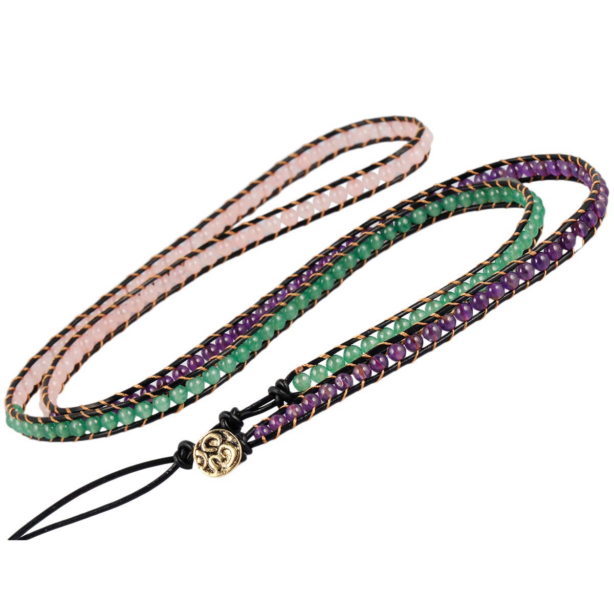 KYEYGWO Unisex Healing Gemstone Leather Braided Bracelet Chakra Crystal Wrap Bracelet for Women Men Amethyst Rose Quartz and Green Aventurine
