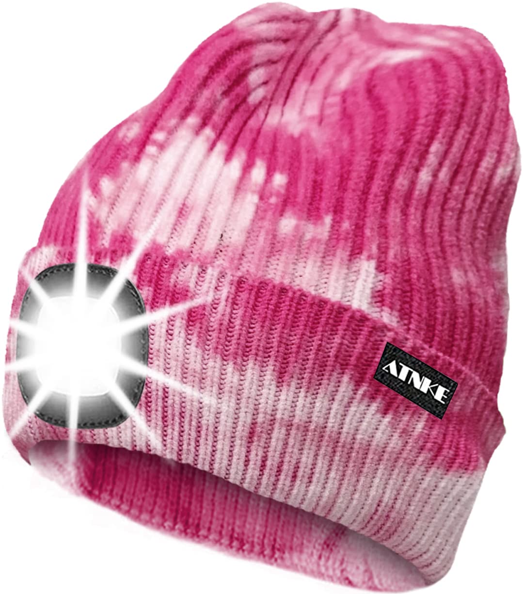 ATNKE LED Lighted Beanie Cap,USB Rechargeable Running Hat Ultra Bright 4 LED Waterproof Light Winter Warm Gifts for Men and Women/Tie Dye Pink