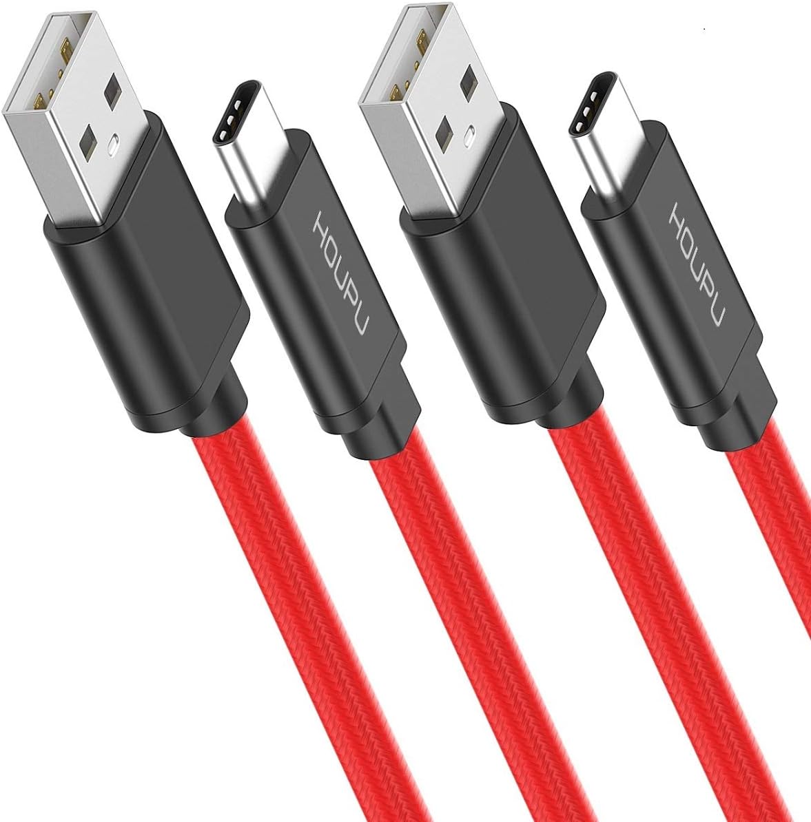 HOUPU USB Type C Cable [2-Pack 3ft] Nylon Braided, Fast Charging USB-C to USB-A Cord Compatible with iPad Pro 2018, Samsung Galaxy S10/ S9/ S9+/ S8/ S8+/ Note 8, Sony XZ, HTC 10, LG V30/ G6/ G5 - Red