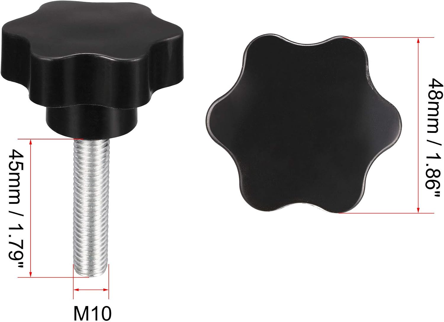 uxcell Clamping Screw Knob, 48mm Dia Plum Hex Shaped Grips Star Knob M10 x 45mm Male Thread, 4pcs, Black With Silver Finish, M10*45 - Image 3
