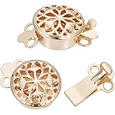GOMAKERER 5 Pcs Filigree Flower Box Clasps, 2 Loop Real 14K Gold Plated Flat Round Necklace Clasp Multi-Strand Jewelry Clasp Bracelet Connector for Necklace Bracelet Chain Jewelry