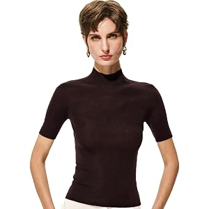 COLIN WANG 100% Merino Wool Women’s Shirts Mock Neck Sweaters Elbow-Length Lightweight Luxury Knit Top