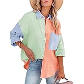 chouyatou Women's Color Block Long Sleeve Button Down Boyfriend Shirt Blouses