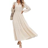 LAOMIT Womens Wedding Guest V Neck Maxi Dress Long Sleeve Smocked High Waist Flowy Tiered A-Line Dress with Pockets