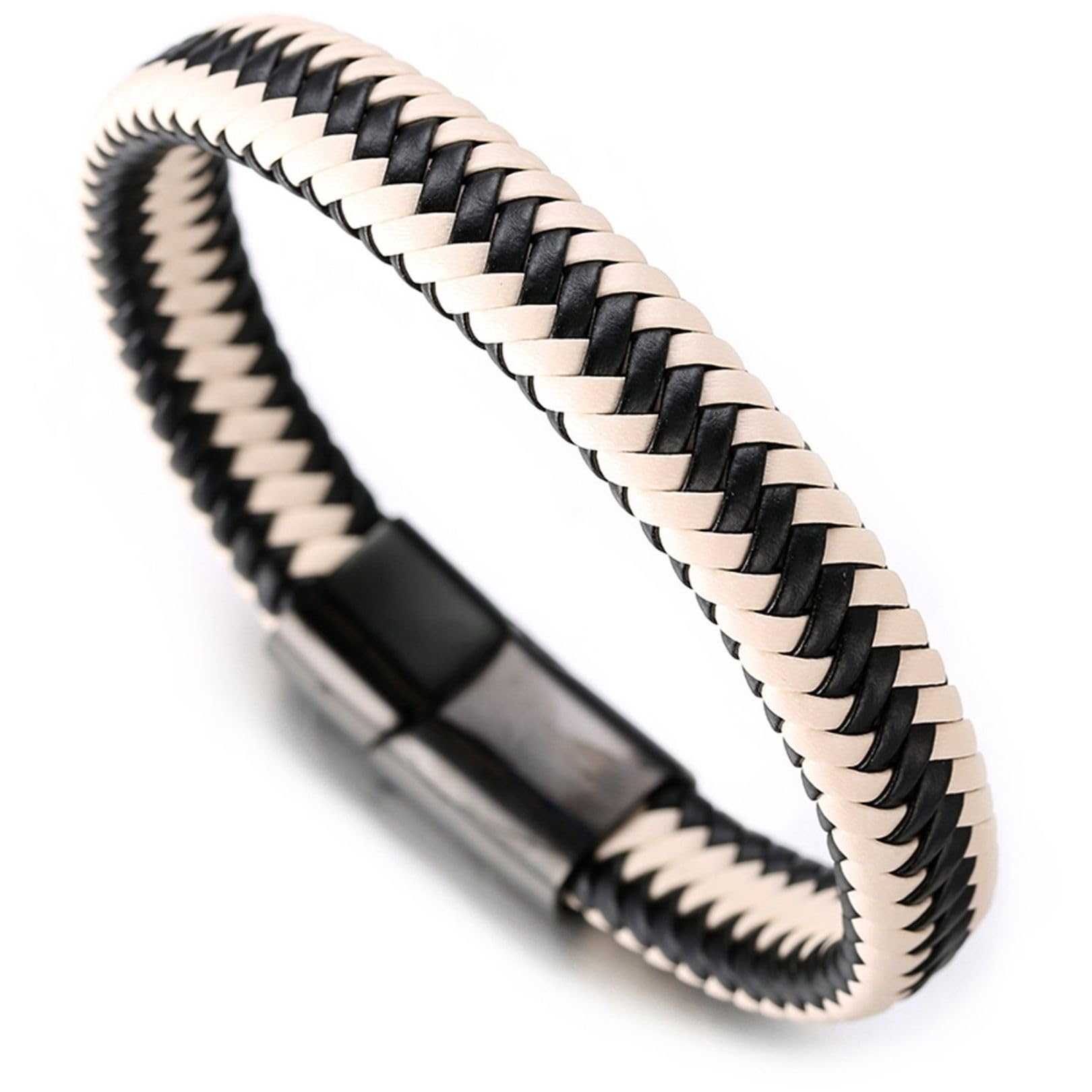 HALUKAKAH ● Jazz ● Men's Genuine Leather Classic Piano Handmade Braid Bracelet Titanium Magnetic Clasp 8.5"(21.5cm) with Free Giftbox