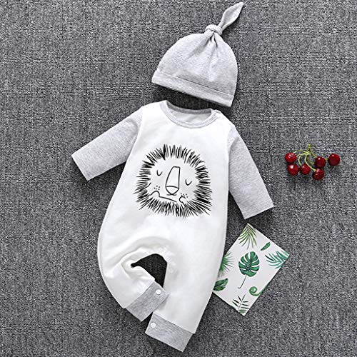 Tronet Newborn Onesies Funny Infant Toddler Baby Boy Cartoon Lion Printing Hat Jumpsuit Romper Clothes White