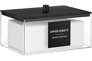 TIPGO Acrylic Dryer Sheet Holder with Lid, Clear Laundry Sheets Container with 27 Labels, Laundry Pods Storage for Laundry Room Organization - Black