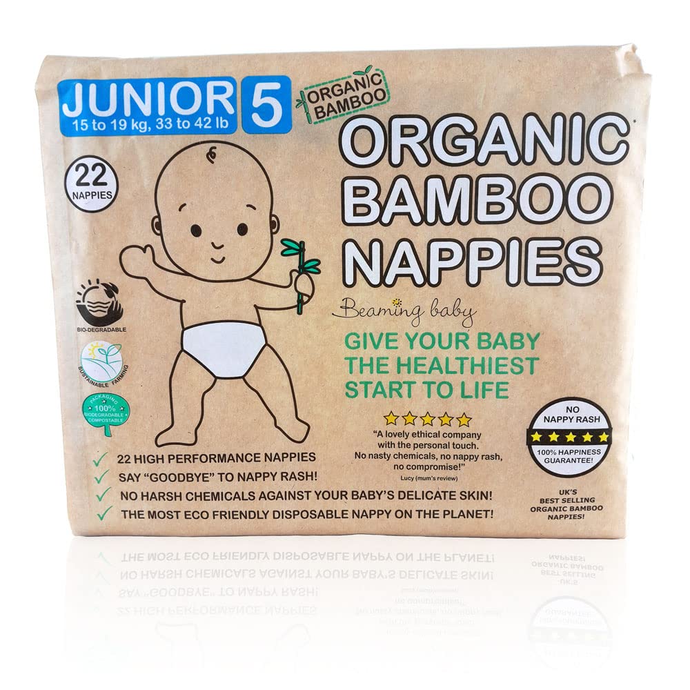 Beaming Baby Organic Bamboo Eco Nappies Junior Size 5 (15-19kg / 33-44 lb) - 22 in Pack. Biodegradable & Hypoallergenic for Sensitive Skin, Recyclable Paper Packaging