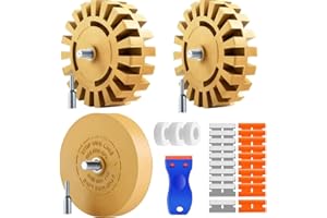 FAQUSA Eraser Wheel Adhesive Remover Kit for Drill – 3 Size Rubber Decal Removal Wheels with Plastic & Metal Scrapers for Car Vinyl, Pinstripes, Stickers, Glue Residue, Auto Detailing Tools
