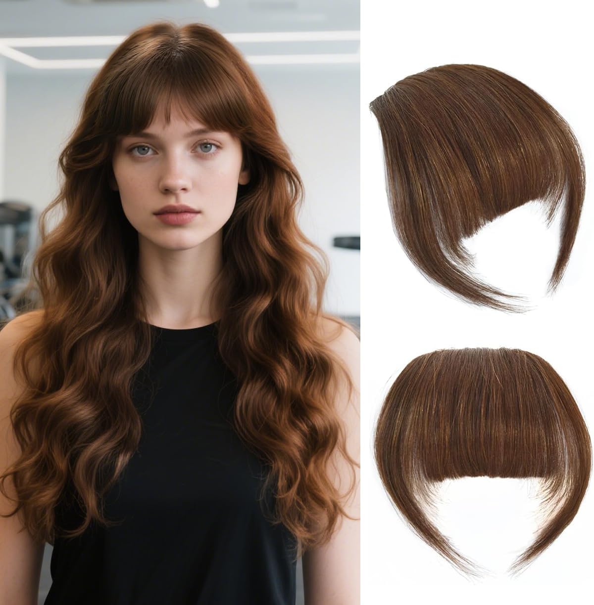 Clip in Bangs 100% Human Hair in Hair extensions Fringe with Temples Clip Hairpieces for Party and Daily Wear（French Bangs,Light Brown）