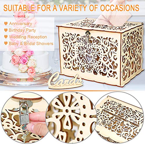 Wedding Card Box, Angela&Alex Wooden Gift Card Holder DIY Hollow Wedding Money Boxes with Lock and Card Sign Cards Hold up 300 Cards for Wedding Reception Anniversary Baby Shower Birthday Party Decora