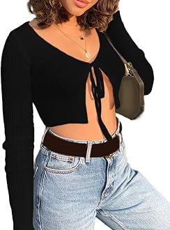 Front Tie Up Crop Top Shirt Long Sleeve 