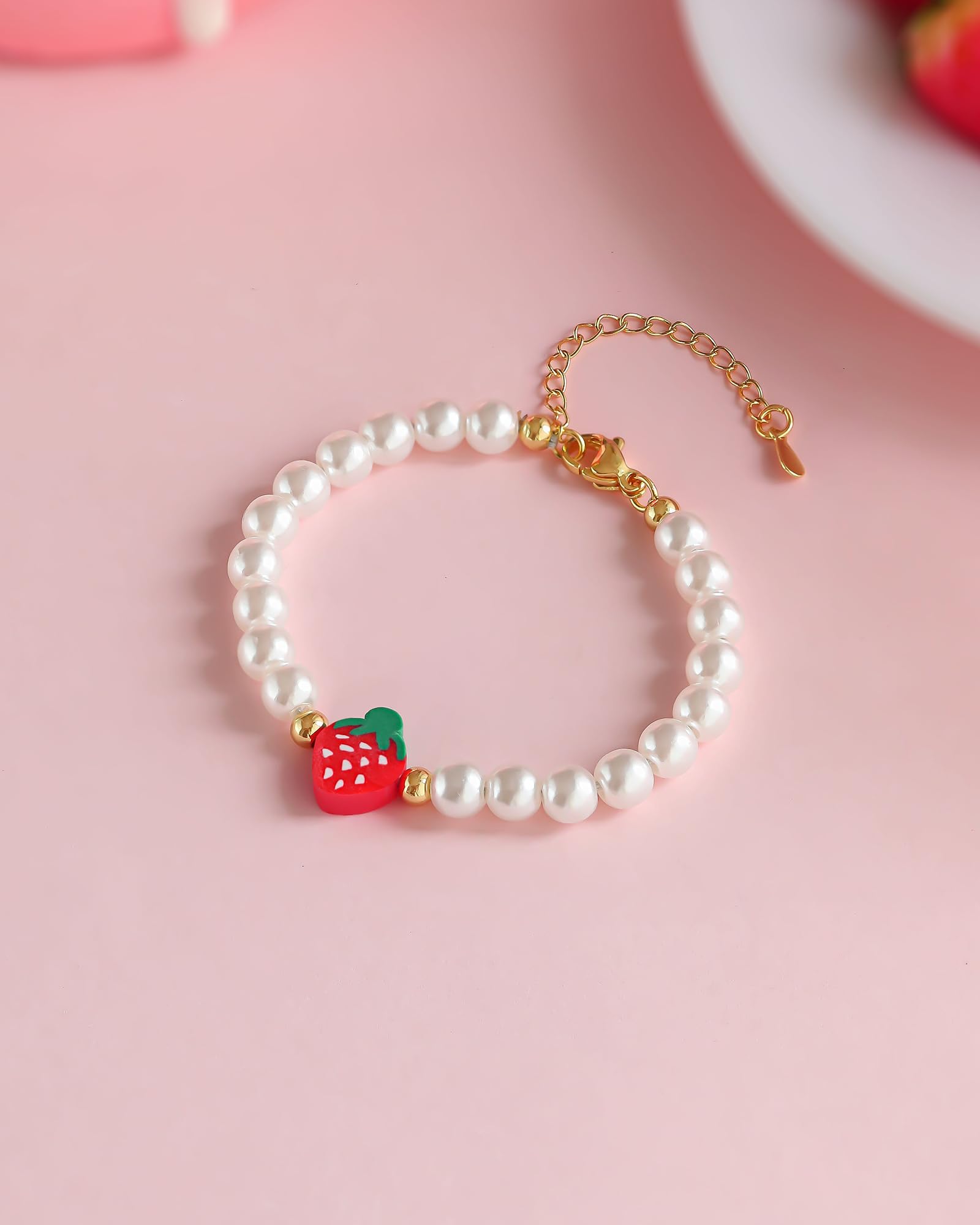 Berry First Birthday Gifts, Adjustable Strawberry Pearls Bracelet for Daughter Niece Granddaughter
