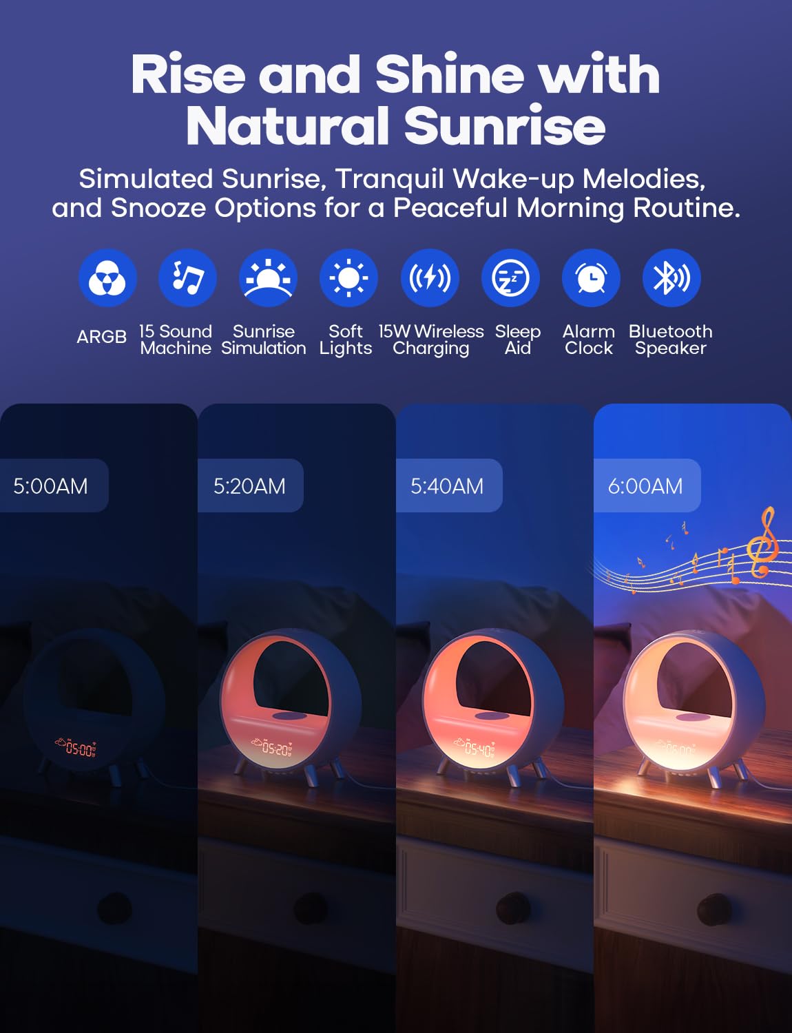 Dekala Arches Gradual Sunrise Alarm Clock with Wireless Charging Bluetooth Speaker White Noise Soothing Sound Machine Night Light for Adult Teens Touch/Button Control【Special for No WiFi No App】