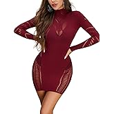 AVZXSA Women's 2025 Sexy Club Mini Dress Lace Babydoll High Neck Long Sleeve Cutout Short Bodycon Dresses
