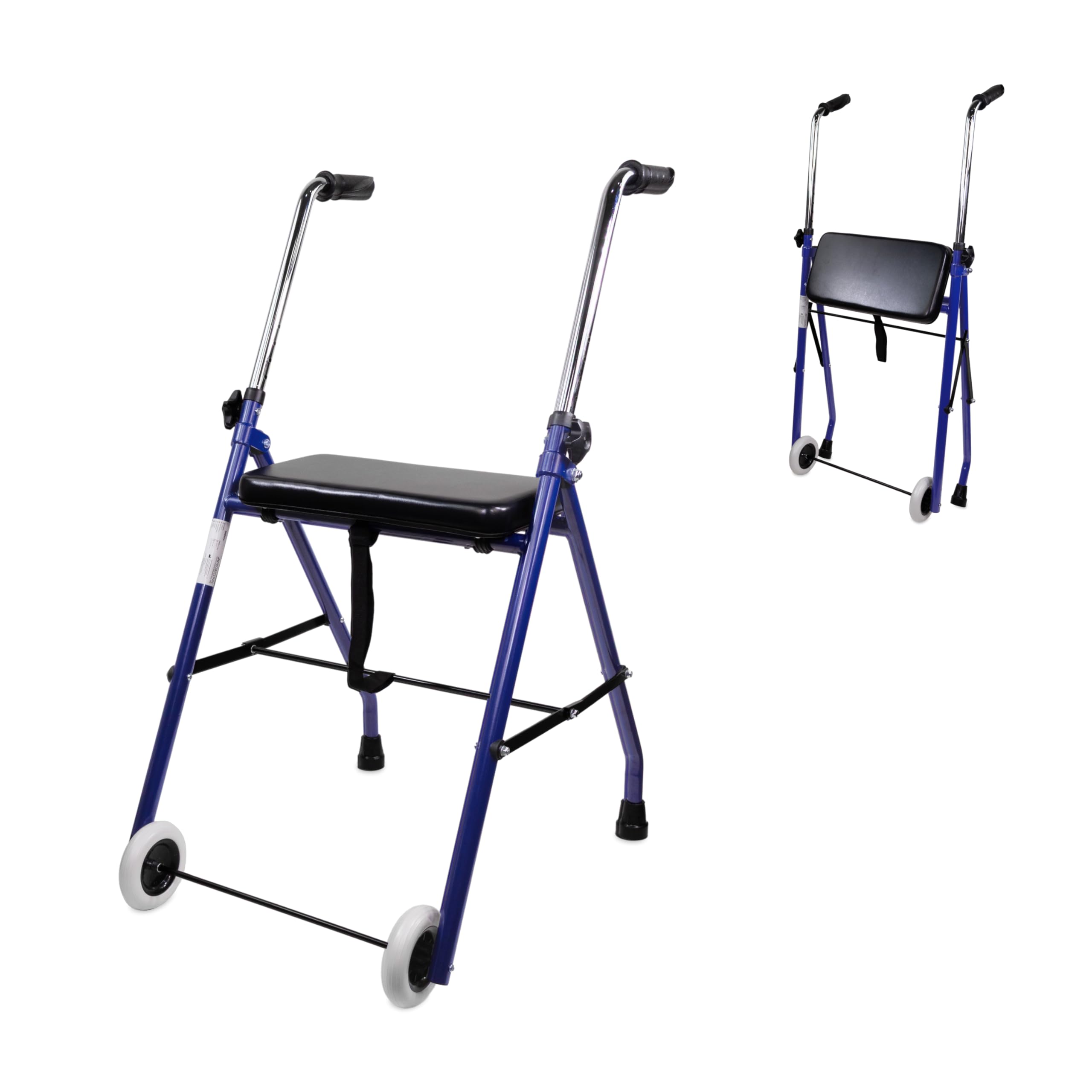 Mobiclinic®, Emérita Model, Walker with 2 Wheels, Folding Walking Frame for Adults and Seniors, Steel, Height-Adjustable, Padded Seat, Blue