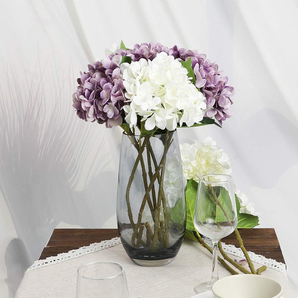 Kisflower 6Pcs Silk Hydrangea Artificial Flowers Realistic Hydrangea Flowers Bouquet for Wedding Party Office Home Decor (Purple) - Image 3