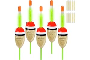 QualyQualy Lighted Fishing Slip Bobber 4-5Pcs Wood/EVA Fish Float + 8-10Pcs Glow Sticks, Night Fishing Light Up Slip Bobber for Crappie Bass Panfish Catfish Walleye