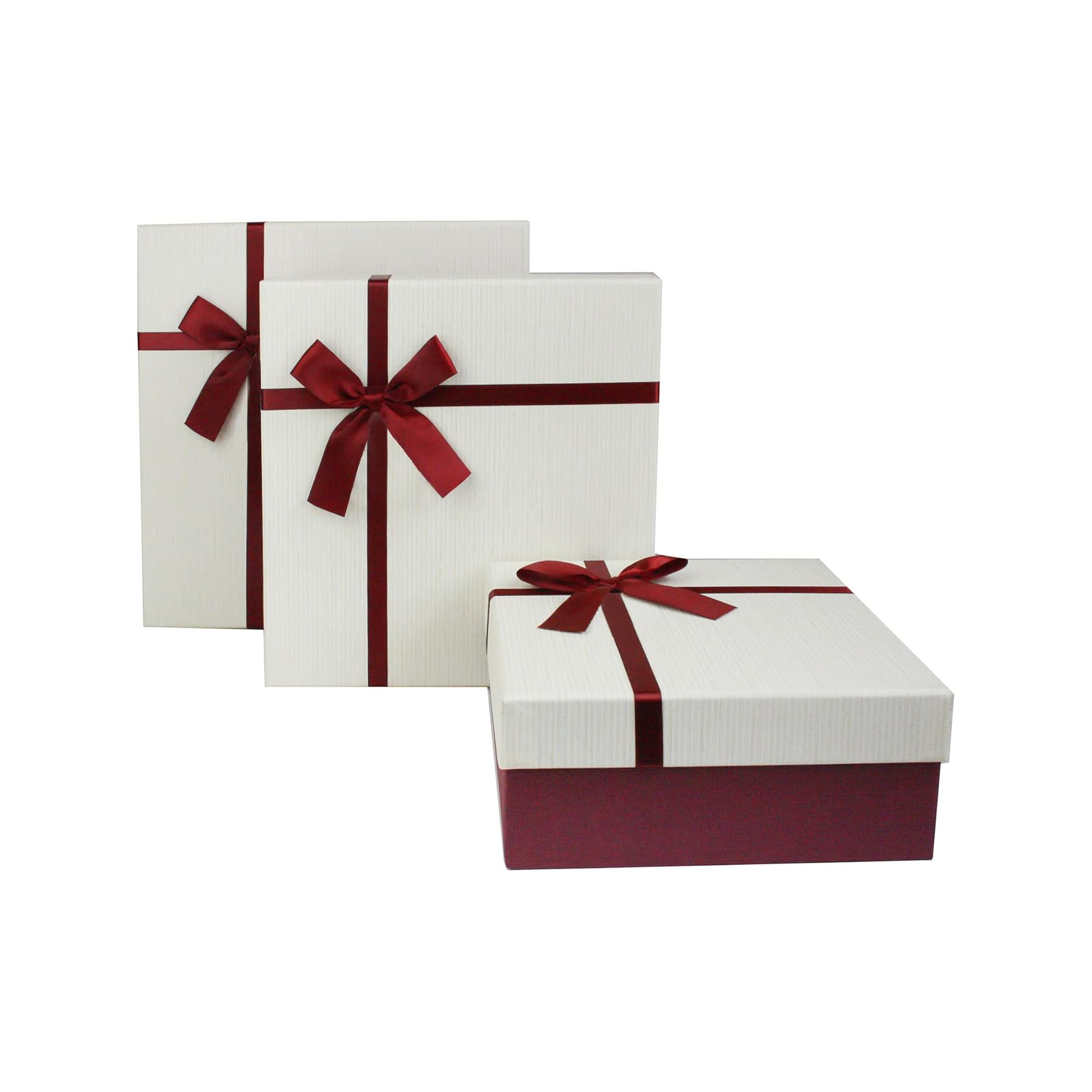 Emartbuy Set of 3 Rigid Gift Boxes, Textured Burgundy Box with Cream Lid, Satin Decorative Ribbon and 200g Shredded Paper in Black