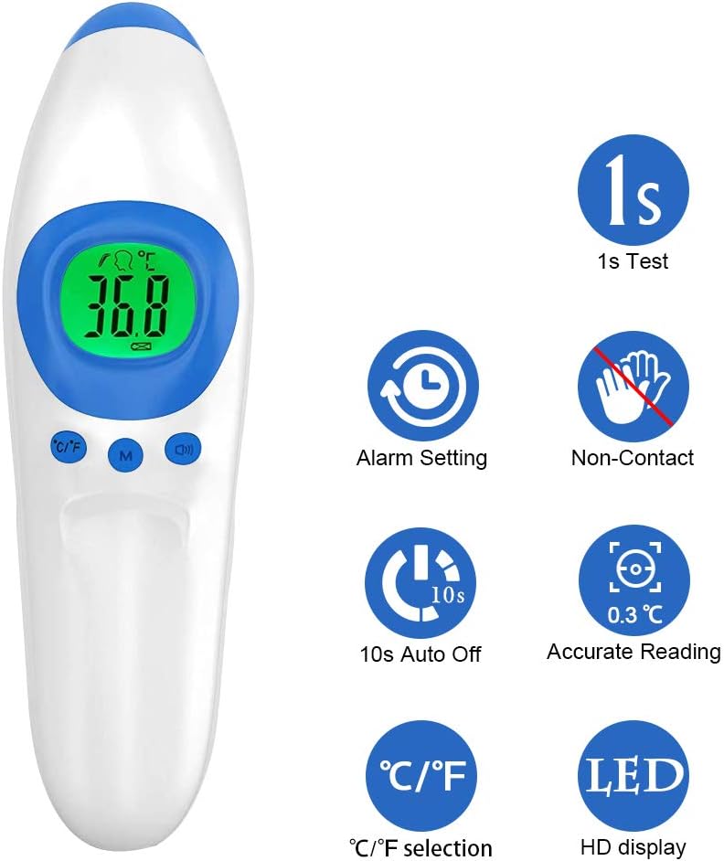 IR Forhead Thermometer, Padgene No Contact Digital Infrared Body Thermometer Accurate Instant Readings LCD Screen Temperature Gun with Fever Alarm, 32 Group Data Memory for Baby Adults (Blue)