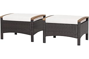 RELAX4LIFE Outdoor Wicker Ottomans for Patio - 2 Pieces PE Rattan Ottoman, Footrest Seat with Zippered Cushions, Acacia Wood Handles, 3-in-1 Footstool, Side Table for Poolside, Backyard (Off White)