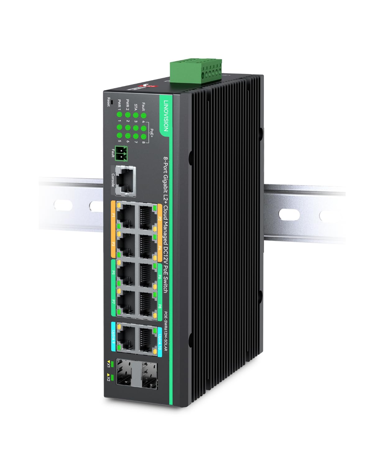 LINOVISION Industrial 12 Ports L2+ Cloud Managed PoE Switch mit DC8~57V Redundant Power Input, Full Gigabit Solar PoE Switch, 12V PoE Switch mit Relais Alarm, IEEE802.3af/at, Total PoE Budget 240W