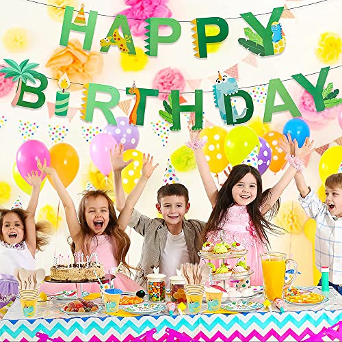NINEFO Dino Birthday Decoration, 16 Guests Dinosaur Decoration Party Supplies Set Children's Tableware Paper Plates Cups Straws Napkins Banner Boy (Green), (NI-005)