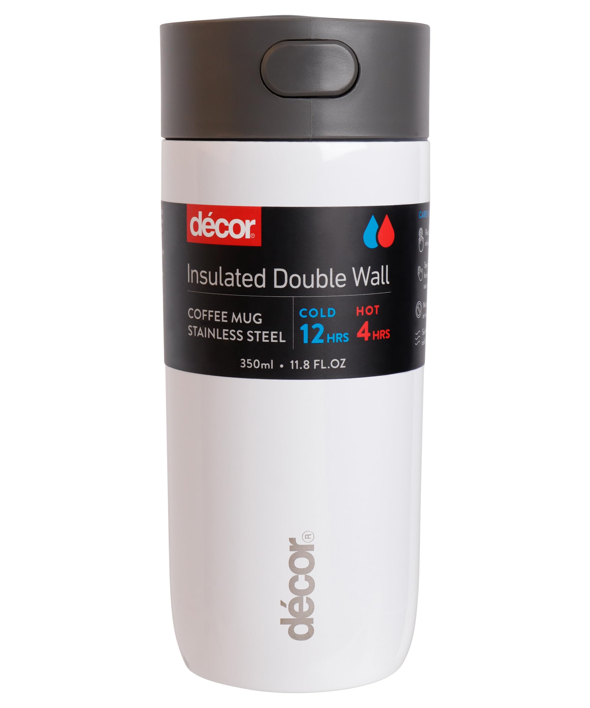 Décor Insulated Cool Touch Double Wall Travel Coffee Cup, Leak Proof Seal and Button Press Release Drink Feature. Vacuum Insulated 4 Hour Hot and 12 Hours Cold. White 350ml.